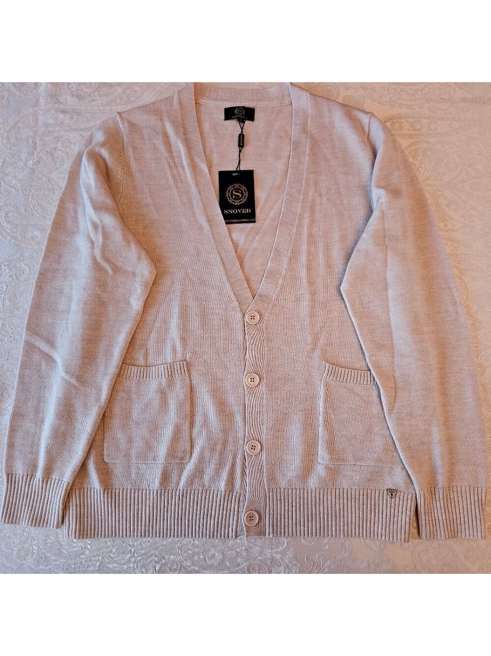 Beige Cardigan in 100% Extra Fine Merino Wool for Men, Snover, Large, NWT